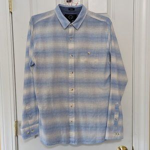 BRAND NEW Even Tide Linen Blend Button Long Sleeve Light Blue /White Shirt Sz L